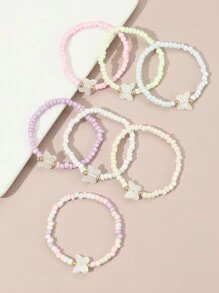 Set de 7 piezas de pulseras con cuentas de corazón, estrella y mariposa de colores para niñas, decoración diaria