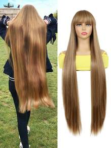 40英寸長直頭發假髮,天然黑色耐高溫纖維材質,機器編織帶劉海的角色扮演派對時尚女士假髮