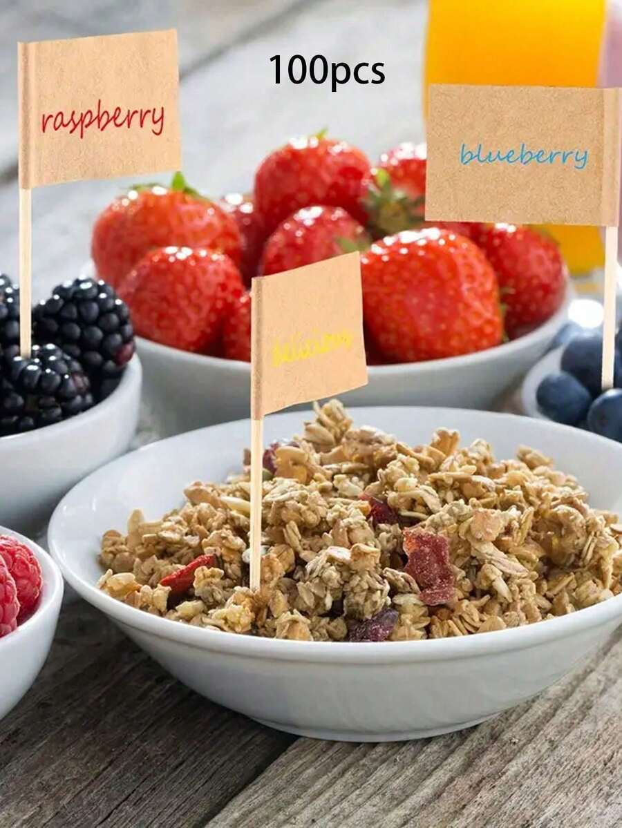 Approximately 100pcs/pack Party Food Decoration Toothpicks Flags ,including Fruit, Cake, Burger, Cocktail Flags With Label Cards - Brown - View 1
