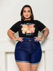 Plus Size Denim Shorts - 深色水洗藍 - 查看 2