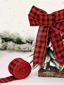 1套聖誕節禮物裝飾絲帶,粗麻方格絲帶,花環絲帶,適用於diy禮物包裝,弓裝飾,聖誕節派對裝飾 - 紅色 - 查看 1