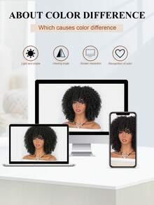 14英寸短卷毛胡桃裤发带刘海女士鬈发假发,胡桃裤合成全頭假髮,無胶長鬈髮