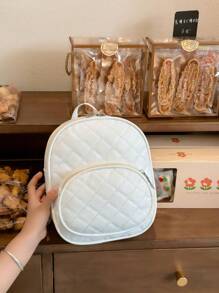 1pc White Pu Rhinestone Lattice Stitching Thread Backpack For Girls, Daily Use