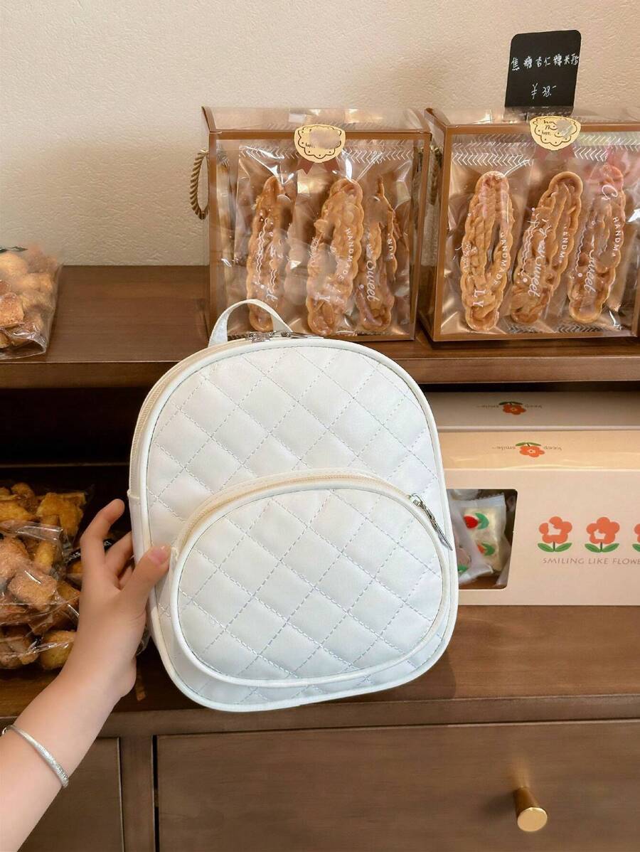 1pc White Pu Rhinestone Lattice Stitching Thread Backpack For Girls, Daily Use