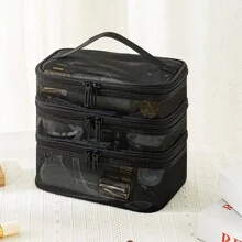 三层旅行化妆包，1个大容量轻便洗漱包，多功能化妆品收纳包，可爱手提包钱包，便携式化妆刷收纳包，带拉链，可收纳口红、化妆刷、护肤品、手机、零钱等。适合作为妈妈礼物、生日礼物、送给朋友和老师的礼物、圣诞礼物、化妆包、旅行包、女士化妆包、手拿包/小手提包、化妆品收纳包、化妆刷收纳包、迷你化妆包、大容量化妆包、圣诞礼物、化妆包、旅行必备品。 - 黑色 - 查看 9