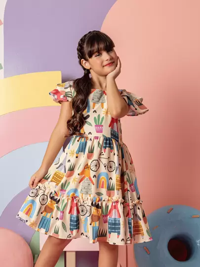 Vestido Infantil Feminino Moda Festa Blogueirinha Colorido com Babado