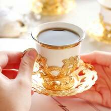 12pcs/set Vintage Turkish Coffee Cup & Saucer Set Gold-plated Ceramic Tea Set Including 6 Cups And 6 Saucers For Home Decor, Room Decor - White - View 3