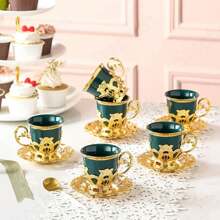 12pcs/set Vintage Turkish Coffee Cup & Saucer Set Gold-plated Ceramic Tea Set Including 6 Cups And 6 Saucers For Home Decor, Room Decor - White - View 4