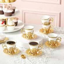 12pcs/set Vintage Turkish Coffee Cup & Saucer Set Gold-plated Ceramic Tea Set Including 6 Cups And 6 Saucers For Home Decor, Room Decor - White - View 2