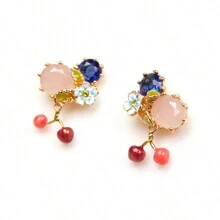 1對花卉琺瑯藍色鑽石、櫻花和玫瑰石英925銀耳環,適合日常佩戴