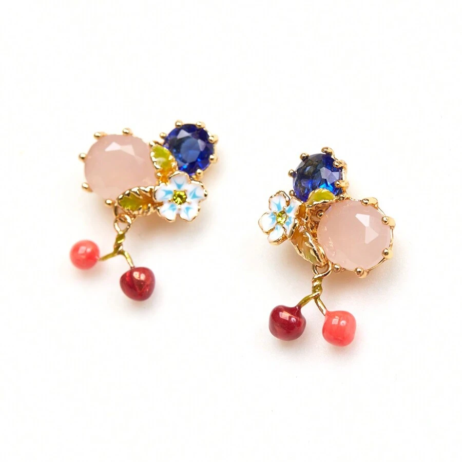 1對花卉琺瑯藍色鑽石、櫻花和玫瑰石英925銀耳環,適合日常佩戴