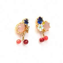 1對花卉琺瑯藍色鑽石、櫻花和玫瑰石英925銀耳環,適合日常佩戴