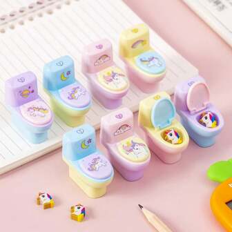 5pcs Cartoon Pencil Sharpeners In Random Animal Designs, Toilet Shaped Sharpeners With Erasers