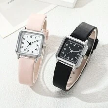 2入組女性時尚石英手錶女裝方形錶盤豪華品牌女士手錶簡約時尚手鍊