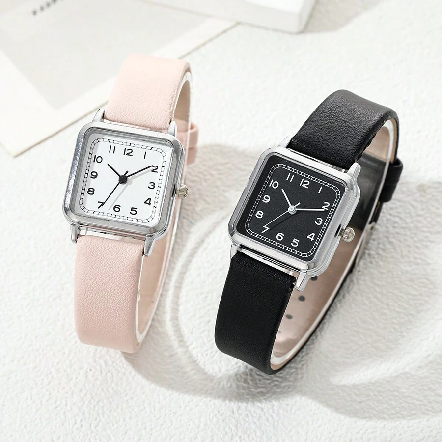 2入組女性時尚石英手錶女裝方形錶盤豪華品牌女士手錶簡約時尚手鍊