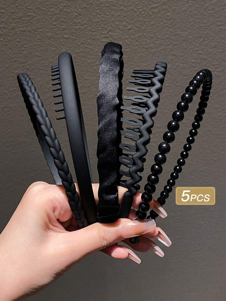 5 件裝女式黑色簡約百搭流蘇凌亂髮帶