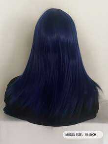 18英寸藍色合成纖維女士長直劉海髮型,適用於萬聖節、聖誕節、角色扮演、日常穿著 - 藍色 - 查看 2