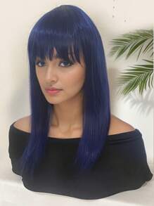18英寸藍色合成纖維女士長直劉海髮型,適用於萬聖節、聖誕節、角色扮演、日常穿著 - 藍色 - 查看 1
