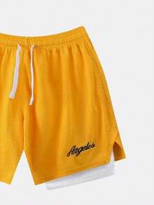 男式運動短褲,綉花字母,雙層網眼設計,拉繩關閉,及膝時尚街頭運動休閒褲 - 橘色 - 查看 3