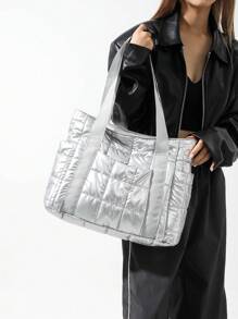 Solid Color Nylon Large Capacity Plaid Quilted Waterproof Multi-Pocket Zipper Shoulder Tote Bag, Suitable For Women's Daily Commute, Shopping, Travel, Autumn/Winter Multifunctional Bag - Silver - View 4