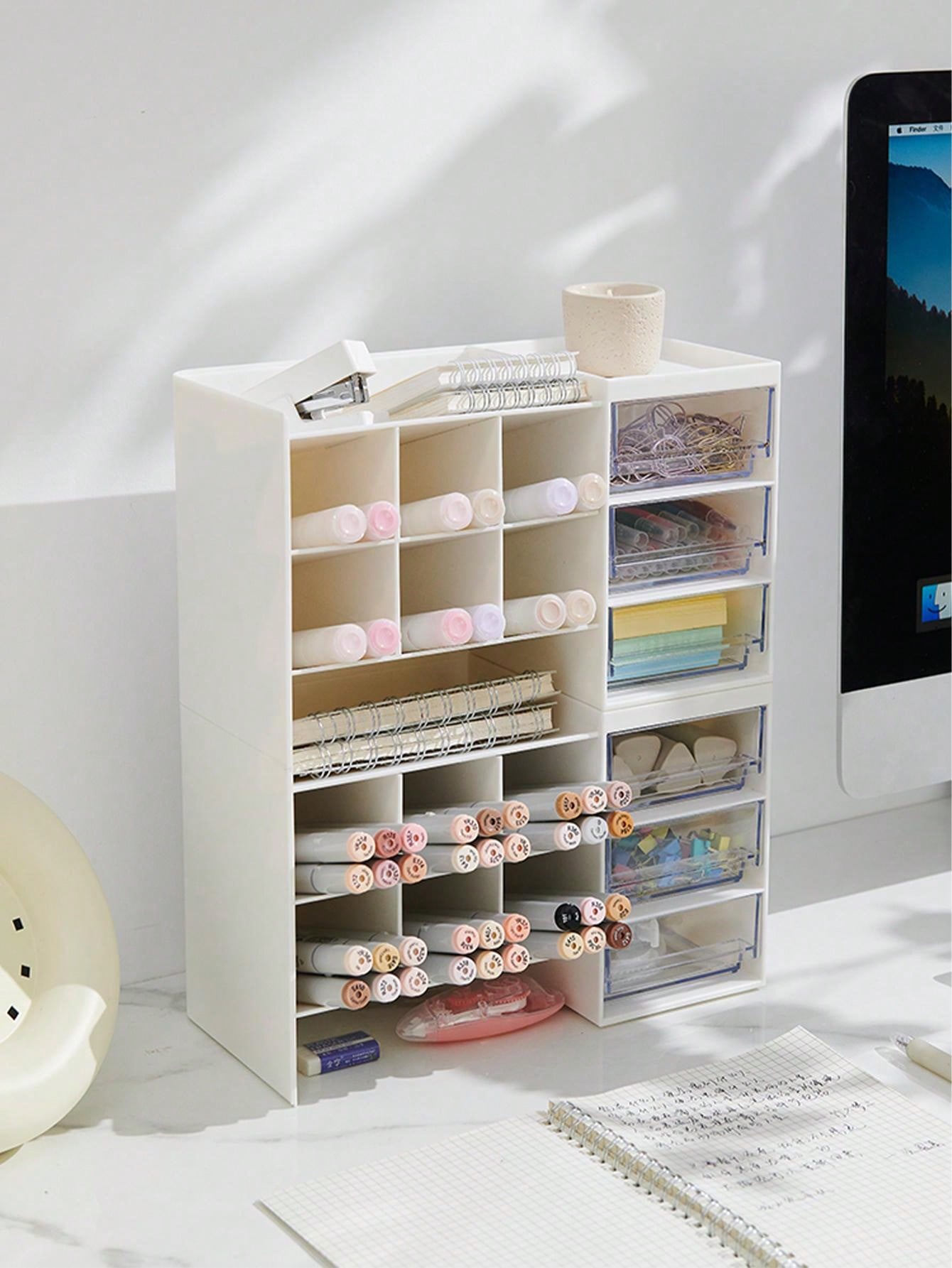 1pc White Desktop Storage Box With Drawer & Stackable Slanted Pencil