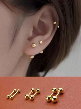 3 par bönörhängen i rostfritt stål för män, enkla 18K guldpläterade kulörhängen för pojkar 3/4/5 mm set