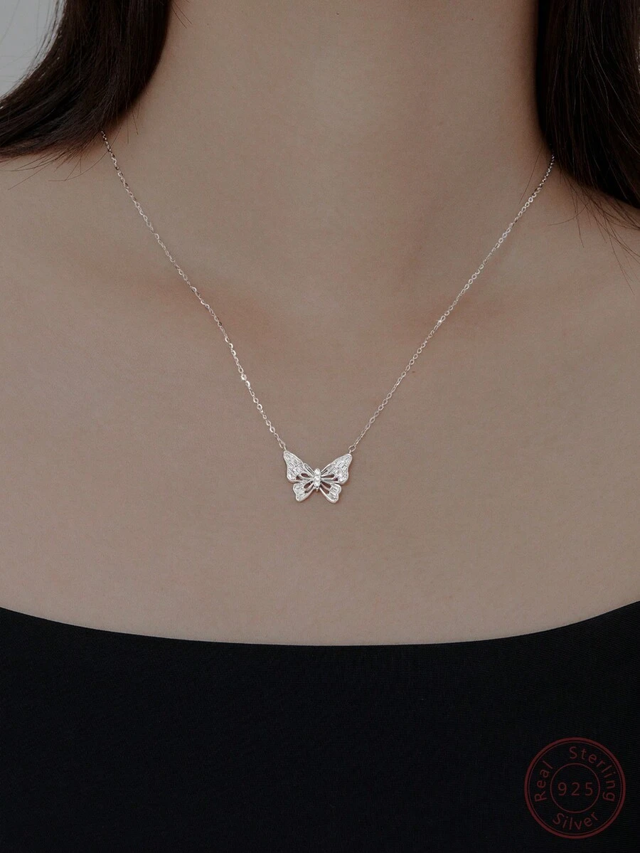 1入組蝴蝶設計方晶鋯石鑲嵌時尚奢華純銀吊墜項鍊,精美首飾類禮品,適用於日常穿著,派對,宴會
