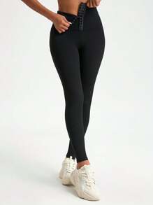 [New Arrival] Women's Outdoor Snap Button Skinny Leggings, Black Sports Casual Slim Fit Tights