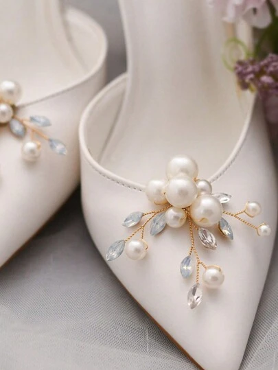 2pcs Versatile DIY Rhinestone & Faux Pearl Decorated Removable Bridal Shoe Clips, Suitable For High Heels, Everyday Shoes