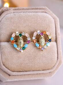 Tsnamer 1Pair Heart Virgin Mary Multicolor Cubic Zirconia Stud Earrings For Women Girls Valentine's Day Daily Jewelry Gifts Valentines - White - View 4