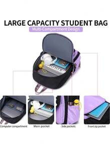 經典彩塊中等大小背包搭配毛球包吊飾,校園背包,大容量,經典,休閒,適用於青少年女孩,女大學生,中學生,戶外,旅行,返校,假期使用 - 紫色 - 查看 8