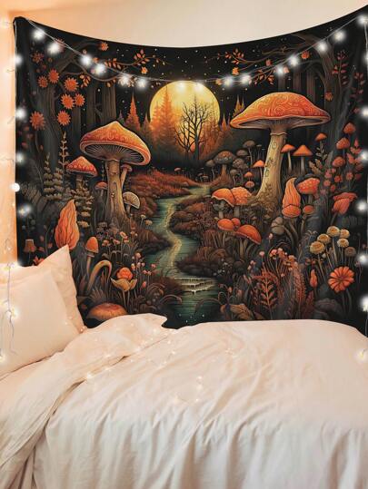 1pc Moonlit Mushroom Forest Printed Tapestry, Modern Style Polyester Fiber Square Decoration Wall Hanging Tapestry Suitable For Living Room Bedroom Decor, Flag For Room, Room Decor, Tapestry, Wall Decor, Wall Art, Home Decor, Room Stuffs, Flags For Room, Tapestry, Wall Tapestry