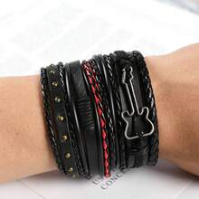 5pcs/set Men's Punk Style Leather Bracelet Set - Black - View 6