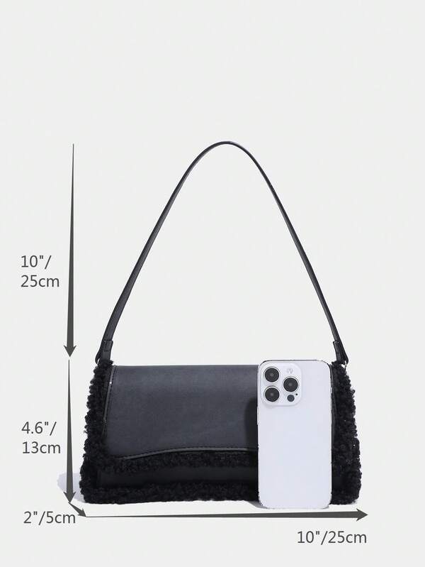 1pc Furry Edge Decor Flip Cover Design Simple Fashion Shoulder Bag For
