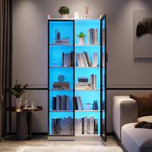 Lvifur Tall Storage Cabinet 70 inches, 3 Color Dimmable LED Kitchen Pantry Cabinet with Human Body Induction, 5 Tier Bookcase Display Cabinet with Adjustable Shelves for Living Room Office