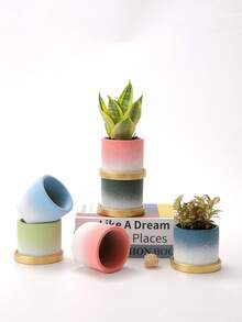 1套簡約創意漸層陶瓷花盆帶碟家用綠色種植 - 淺藍色 - 查看 2