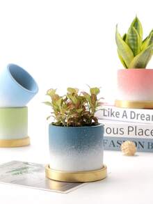 1套簡約創意漸層陶瓷花盆帶碟家用綠色種植 - 淺藍色 - 查看 5