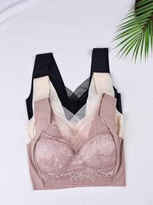 3入組網紗v領無痕文胸,配有蕾絲細節,舒適、透氣和立體加強 - 彩色 - 查看 3