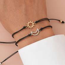 2 Piezas Simple Pulsera De La Amistad De Hombres De Aleación De Aluminio Con Diseño De Sol Y Luna Para Estilo Retro