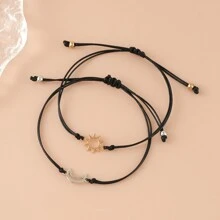 2 Piezas Simple Pulsera De La Amistad De Hombres De Aleación De Aluminio Con Diseño De Sol Y Luna Para Estilo Retro