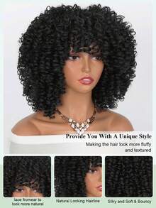 14英寸短卷毛胡桃裤发带刘海女士鬈发假发,胡桃裤合成全頭假髮,無胶長鬈髮