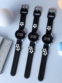 3款圆形LED儿童电子腕带，带足球图案，适合男孩和女孩佩戴。这些可爱时尚的运动型儿童手表适合日常佩戴和作为礼物。 - 黑色 - 查看 2