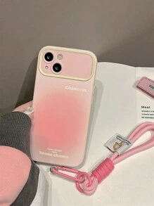 渐变桃粉色挂绳手链手机壳适用于 iPhone 15 14 12 13 11 Pro Max XR 女孩可爱软盖镜头保护壳 - 漸層粉紅色 - 查看 5
