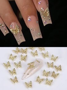 FULL BEAUTY 20 件金色金属闪亮蝴蝶美甲装饰 3D 合金珠宝水钻蝴蝶指甲饰 DIY 配件美甲宝石美甲用品指甲 - 金色 - 查看 1