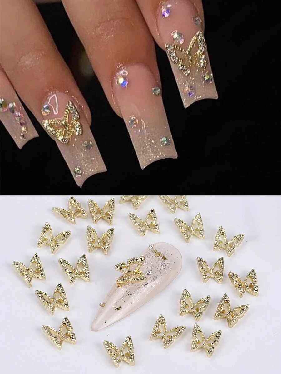 FULL BEAUTY 20 件金色金属闪亮蝴蝶美甲装饰 3D 合金珠宝水钻蝴蝶指甲饰 DIY 配件美甲宝石美甲用品指甲 - 金色 - 查看 1
