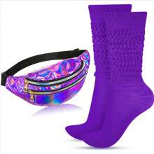 80年代女性霓虹色超長重裝鬆垮襪套裝,全息腰包,護腕,頭帶,適用於瑜伽、跑步、徒步旅行