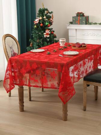 1pc Red Christmas Lace Tablecloth, Festive Atmosphere Decoration