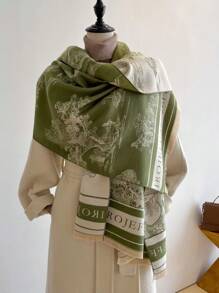 1條女式雙面仿開司米植物提花保暖圍巾和披肩,適合秋冬日常穿著 - 彩色 - 查看 1