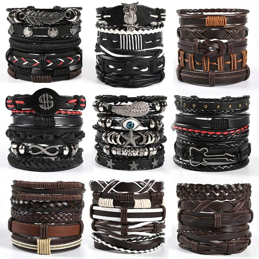 5pcs/set Men's Punk Style Leather Bracelet Set - Black - View 1