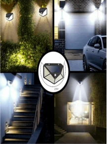 1 pieza 100 LED luz solar de patio de cuatro lados luminosa, de alta potencia, ahorro de energía, conveniente, sensor de movimiento impermeable, luz solar de patio de doble uso para el hogar y luz de emergencia para exteriores, regalo de Halloween, Navidad y Acción de Gracias